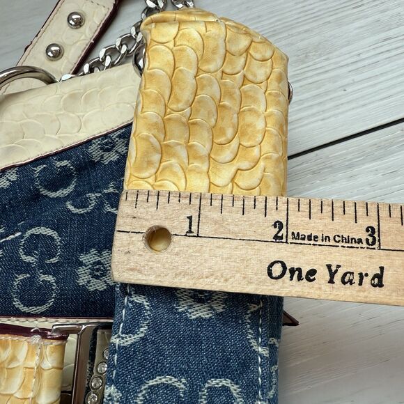 Y2K Gussaci Denim Monogram Faux Croc Leather Baguette Bag Purse Bling Big Buckle - Picture 12 of 13